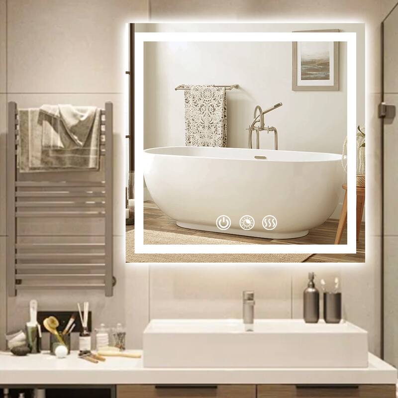 FTL Large LED Bathroom Vanity Mirror Wall Mounted Dimmable Anti-fog,Frameless,3-Color - 32×24in