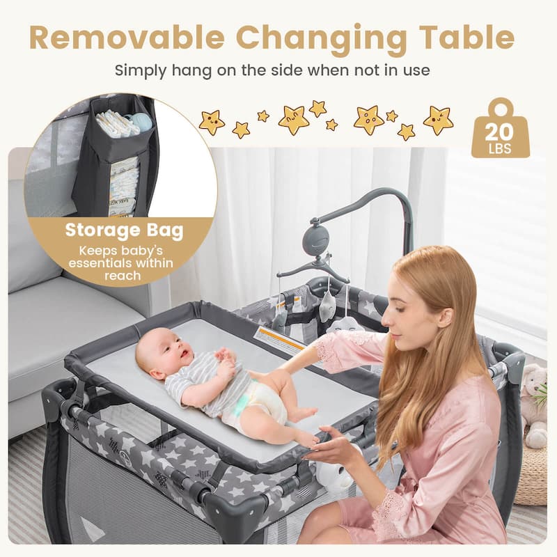 Costway Portable Baby Playard Nursery Center Crib with Hanging Toys & - See Details