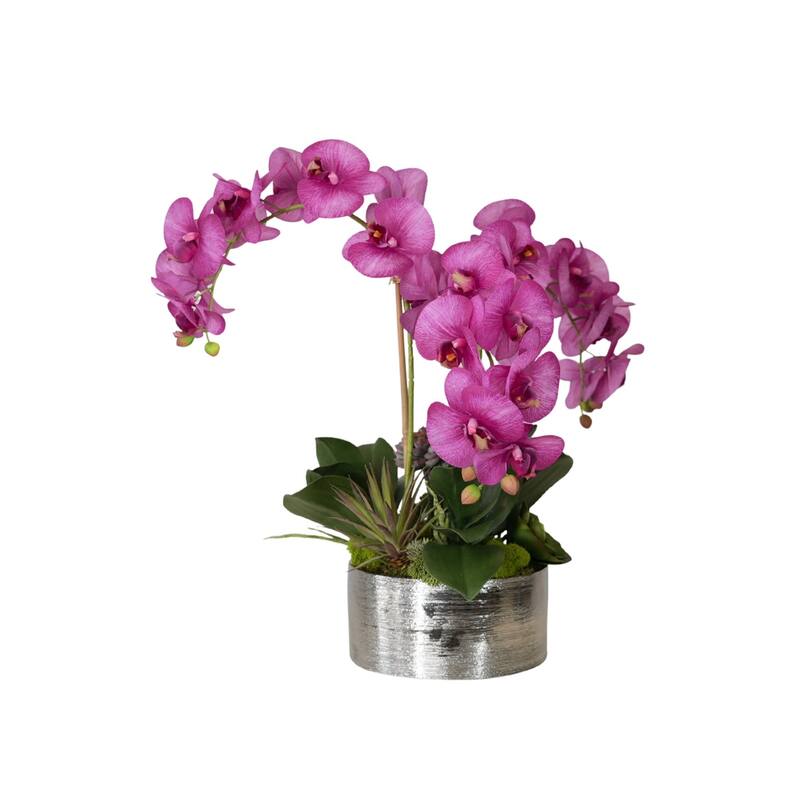 Real Touch Purple Orchid Flower Arrangement in Silver Bowl