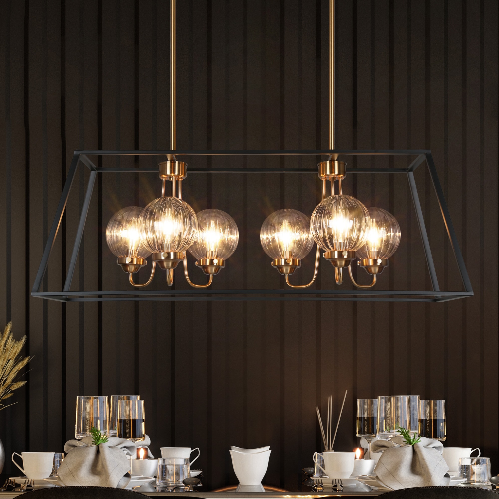 Modern Farmhouse 6-Light Black Gold Chandelier Rectangle Island Lights for Dining Room - 16.5" L x 4.7" W x 1" H