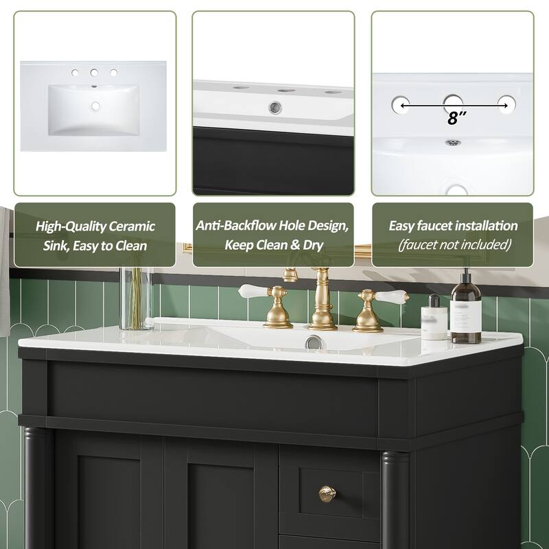 30" Elegant Bathroom Vanity Set with Ceramic Sink - Solid Wood & MDF, 2 Doors & 3 Drawers, Soft-Close, Adjustable Shelf