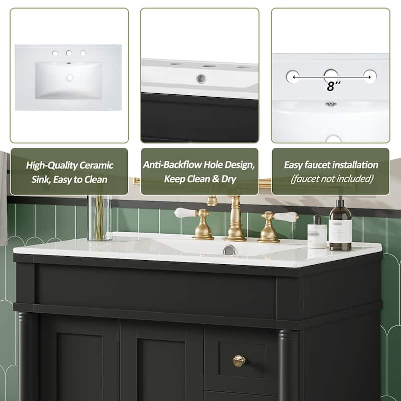30-Inch Modern Bathroom Vanity with Ceramic Sink, Soft-Close Doors & Drawers, U-Shaped Adjustable Shelf, and Zinc Alloy Handles
