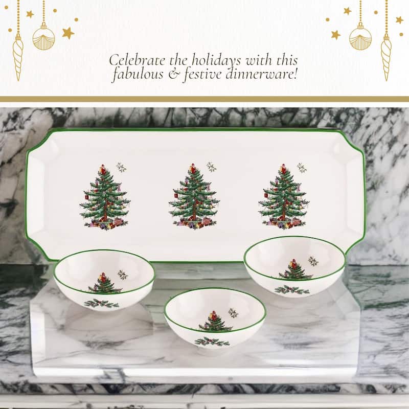 Spode Christmas Tree Rectangular Tray with 3 Dishes - 14" L x 4" W
