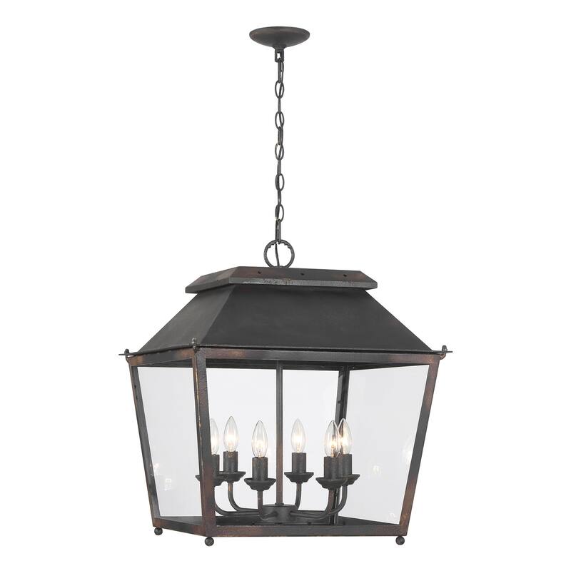 Abingdon 6 Light Pendant in Antique Black Iron with Clear Glass - Gold