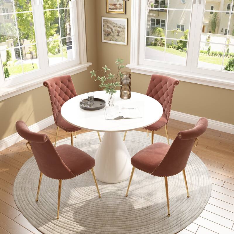 48" Light Luxury White High Gloss Large Countertop Dining Table with Velvet Dining Chair Set