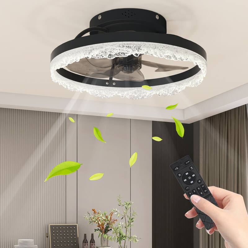 16" Decorative LED Ceiling Fan Light - Modern Flush Mount with Crystal-Inspired Acrylic Ring, Hidden Blades, Remote Control