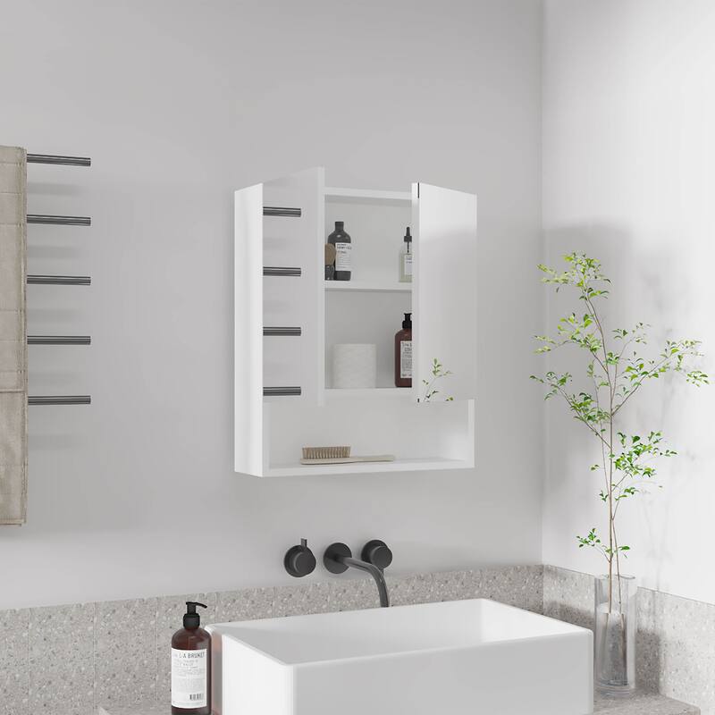 23" High White Double Door Medicine Cabinet with Three Adjustable Shelves and Open Shelf, Compact Bathroom Storage Solution