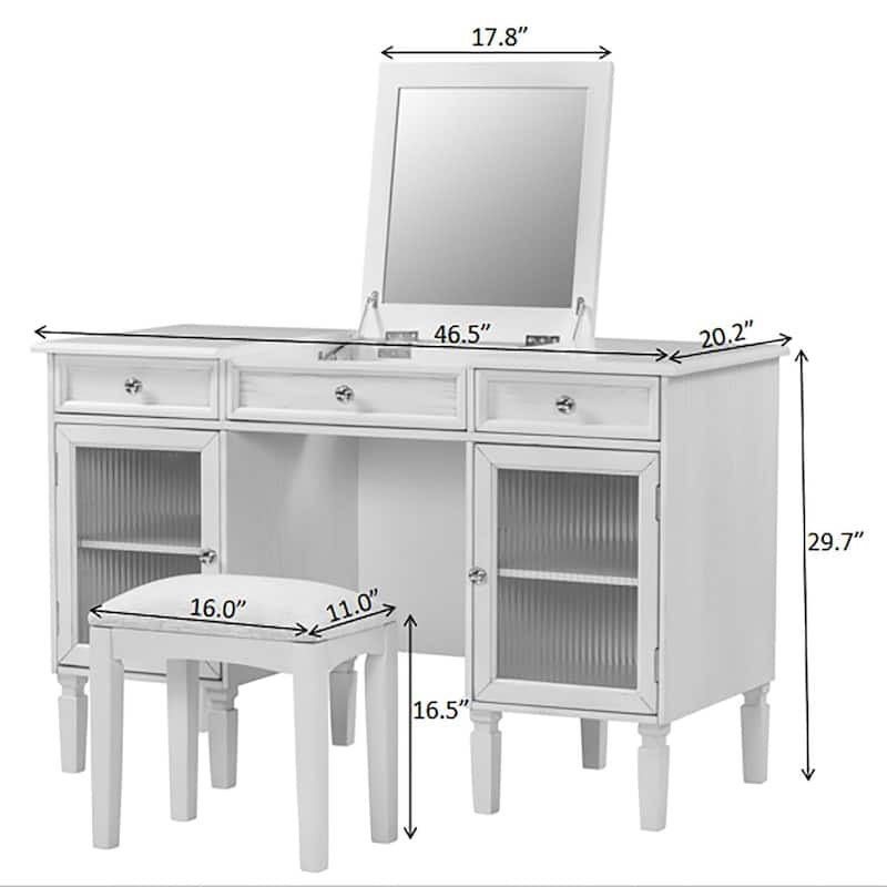 White Oak Vanity Desk with Hidden Mirror Storage Drawers Cabinets and Upholstered Stool - 46.5”L x 20.2”W x 29.7”H
