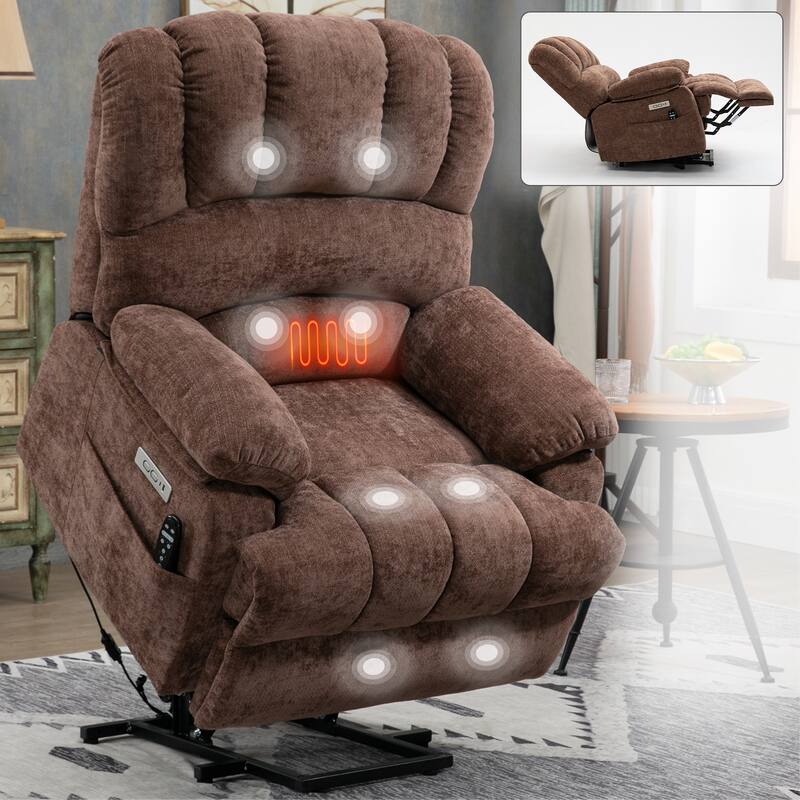 Large Size Dual Motors Power Lift Recliner with 8 Point Massage, Lumbar Heating, USB Ports and Side Pockets