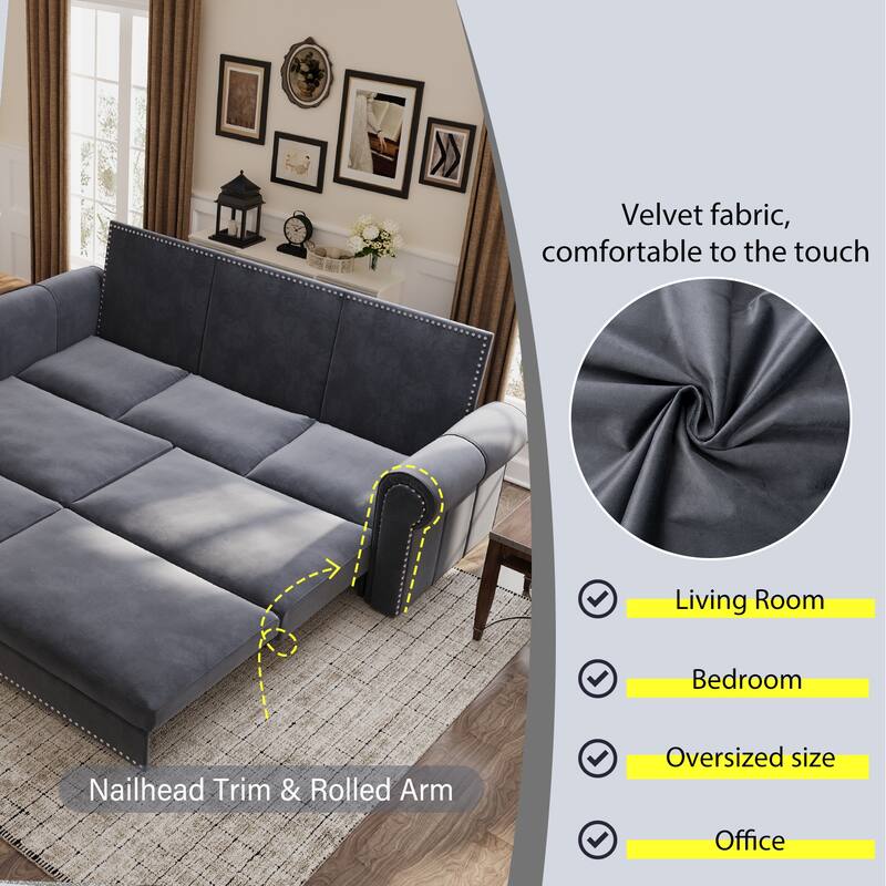 93.7" 3-in-1 Velvet Convertible Sleeper Sofa Pull Out Sofa Bed with Rolled Arm