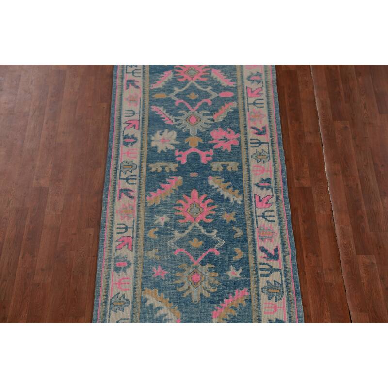 Hand Knotted Oriental 100% Wool Carpet Transitional Floral Navy Blue & Blues Oushak Runner Rug - 15' 10'' X 3' 2''