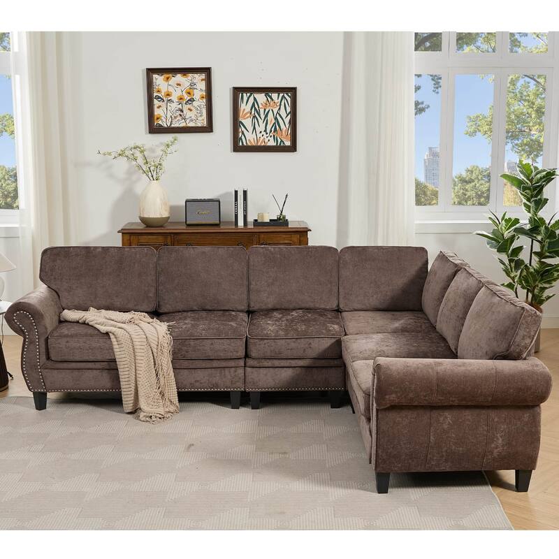 109.5" Chenille L-Shaped Corner Sectional Sofa with Rolled Armrest