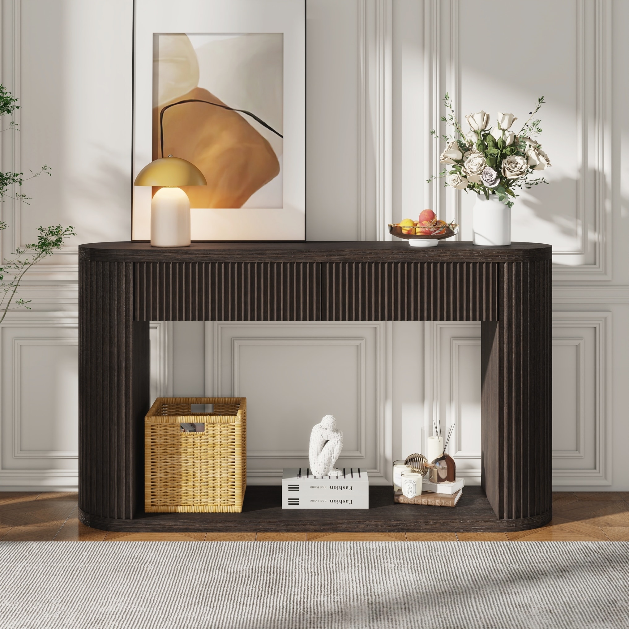 Oval Fluted Console Table with 2 Drawers and Bottom Shelf