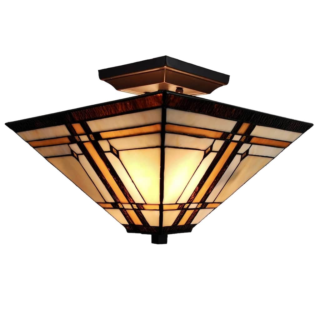 Tiffany Style Ceiling Fixture Lamp Mission 14" Semi Flush Mount Wide Stained Glass Tan Bedroom Gift Amora Lighting