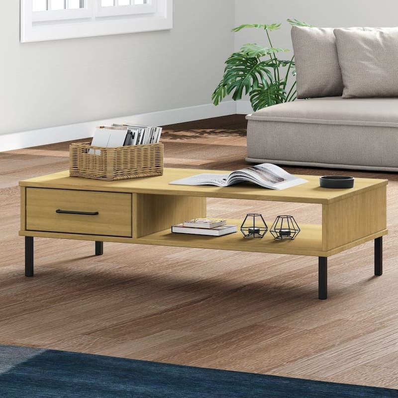 vidaXL Coffee Table Accent Side Sofa End Table with Metal Legs Solid Wood OSLO - 39.4" x 21.7" x 11.4" - Brown