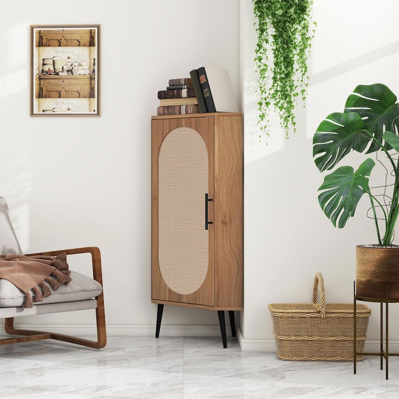 Roomfitters Corner Cabinet with Rattan Door, Freestanding Storage Shelf Stand for Small Spaces