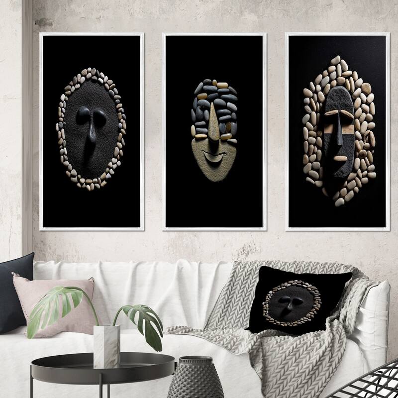 Designart "Black And White African Tribal Mask IV" African Framed Wall Art Set Of 3 Frame Gallery Set For Office Decor - 50 in. wide x 32 in. high - 3 Panels - White