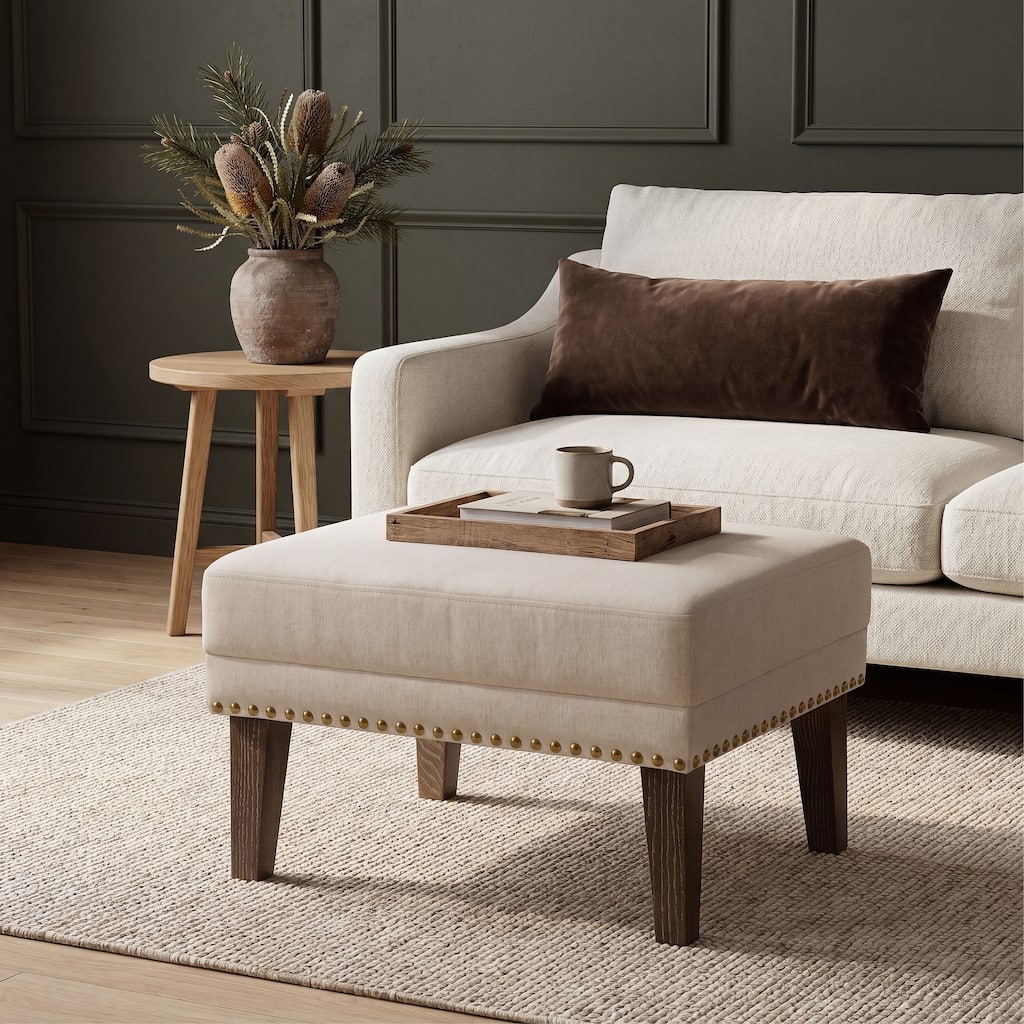 Christopher Knight Home - Avery Farmhouse Ottoman Footstool, 24.6" Rectangular, Nailhead Trim & Wire-Brushed Solid Ash Wood Legs