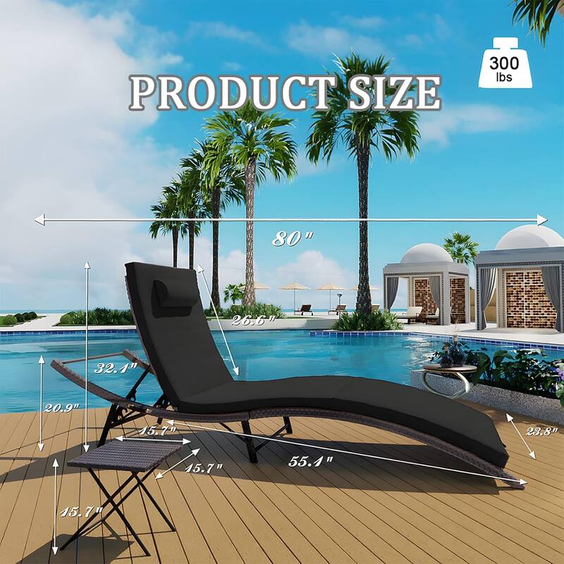 3-Pieces Wicker Outdoor Chaise Lounge Set w/ Two Foldable Lounge Chairs and one Side Table