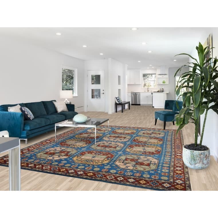 Blue Geometric Heriz Serapi Area Rug Handmade Wool Carpet - 8'0"x 9'10"