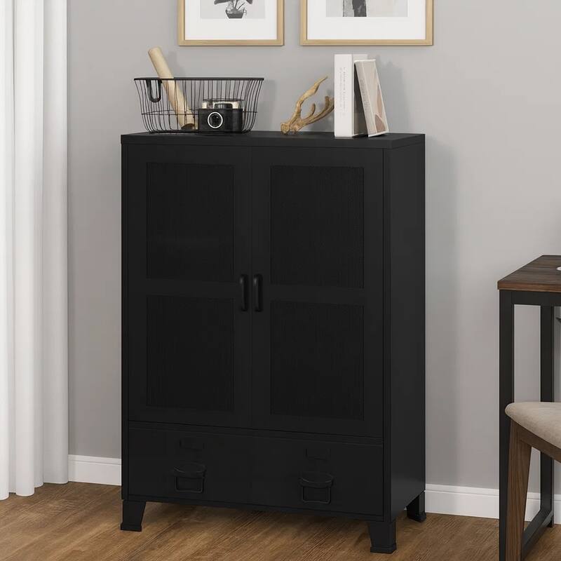 Miry Tall Office Cabinet, 2 Drawers w 2 Mesh Front Doors, Black Steel