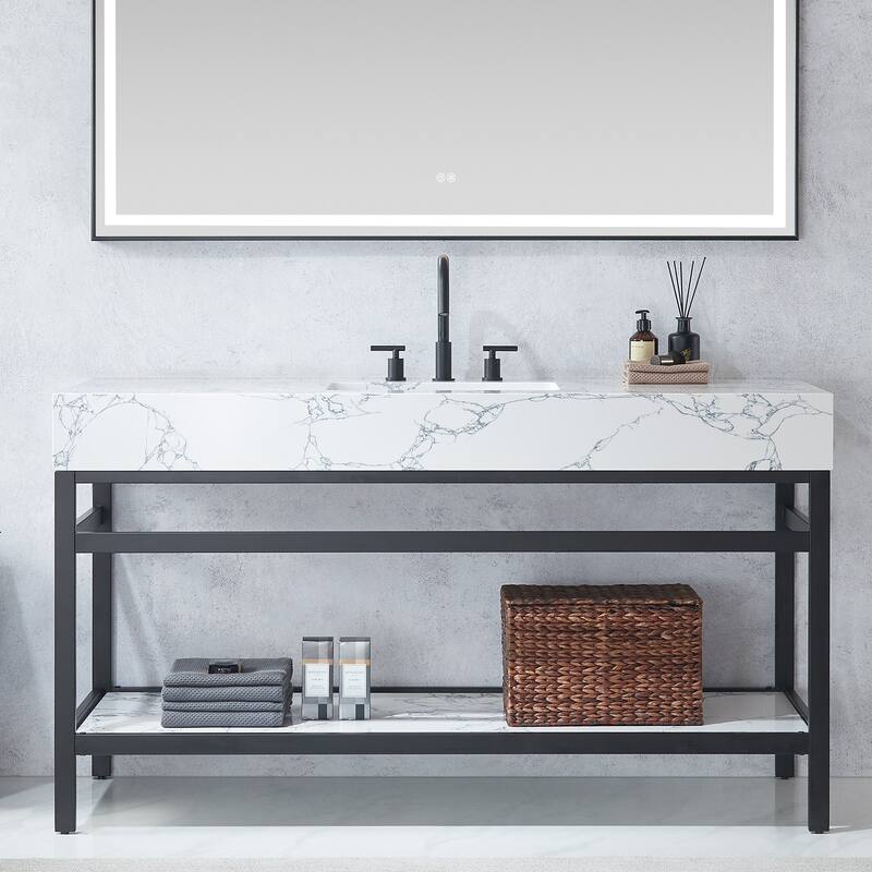 Ecija Bath Vanity, Metal Support with Composite Stone Top and Mirror