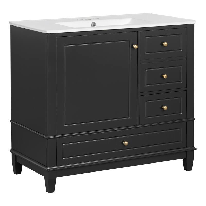 36" Bathroom Vanity with Ceramic Sink - MDF & Solid Wood Base, 3 Drawers & Storage Cabinet, Freestanding Design, 4" Faucet Holes