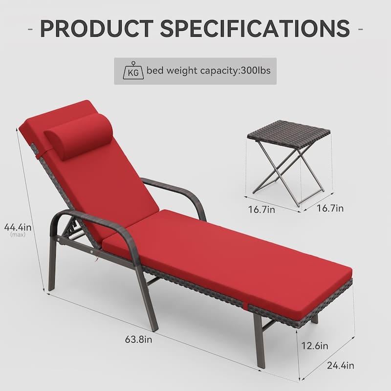 3-Piece Outdoor Wicker Chaise Lounge with Armrests and Cushions