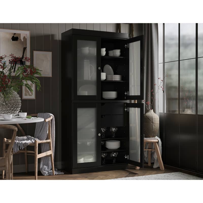 Palace Imports 100% Solid Wood Pantry Cabinet with Frosted Glass Doors, 2-Drawers and Adjustable Shelves - 32" x 71.5" - Black
