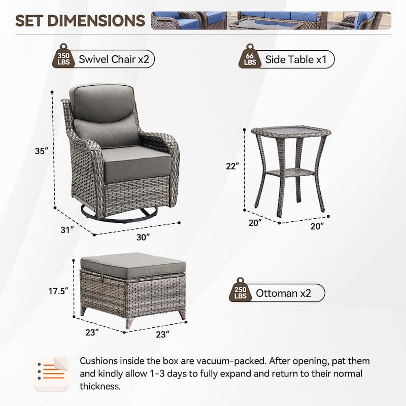 Outdoor Patio Sofa Swivel Chair with 6-Inch Thick Cushions Set