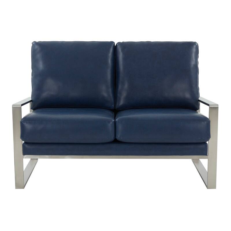 Jefferson Modern Leather Loveseat with Brushed Silver Stainless Steel Base, Removable Cushions, Sinuous Springs, Fully Assembled