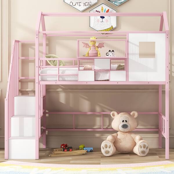 slide 2 of 24, Twin Metal Loft Bed with Stairs, Guardrail, Storage Box, Roof Design Pink - Twin