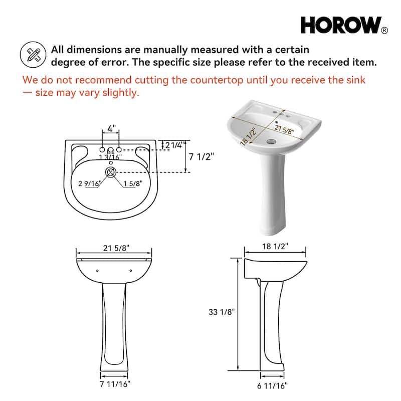 PureForm 21.62 in. W x 18.90 in. D Round Pedestal Combo Single Bowl White Ceramic Bathroom Sink with Overflow Drain
