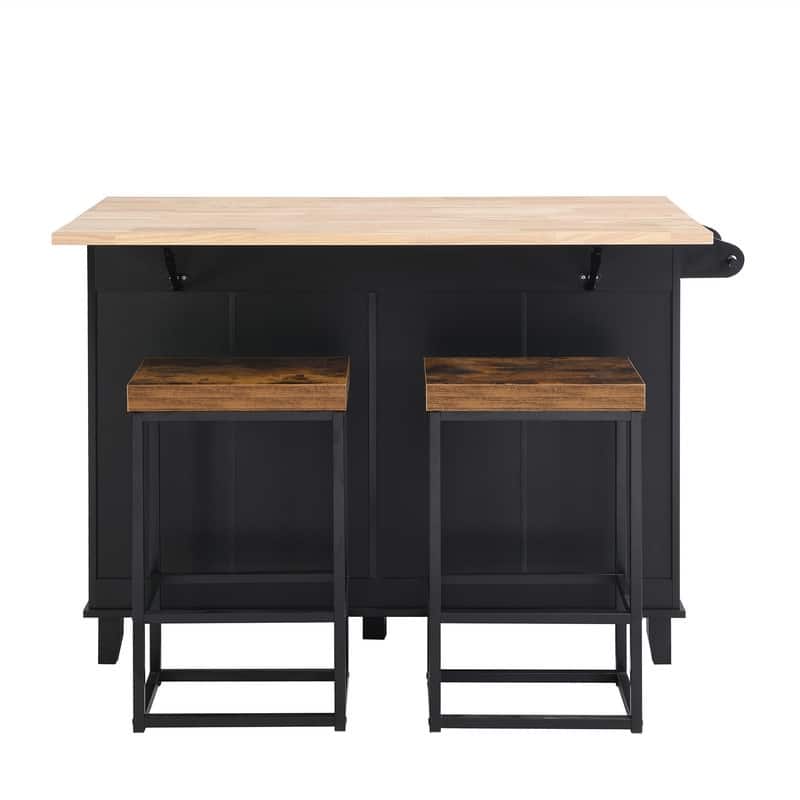 3-Piece Kitchen Island Set with Drop Leaf and 2 Seatings, Dining Table Set with Storage Cabinet, Drawers and Towel Rack