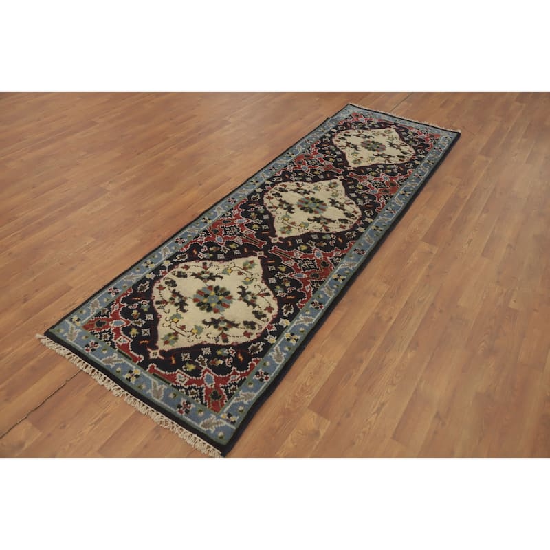 Hand-knotted Transitional Wool Carpet Blue Oushak Rug Oriental Carpet Floral Area Rug Oriental Carpet - 8' 0'' X 2' 7''