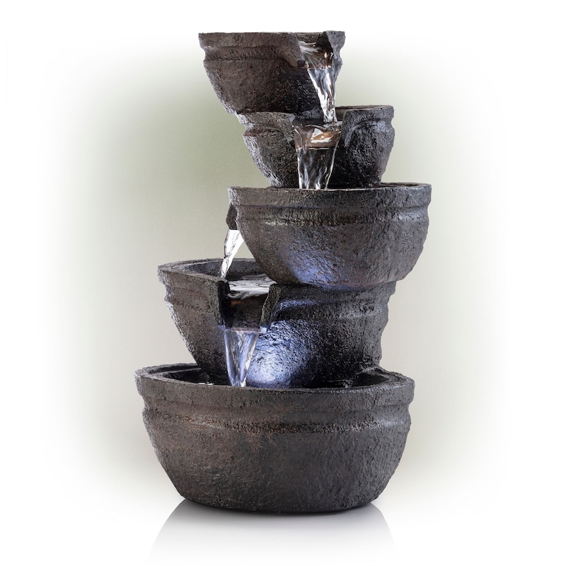 Alpine Corporation 13" Tall Indoor/Outdoor Tabletop Tiering Bowls Fountain with LED Lights