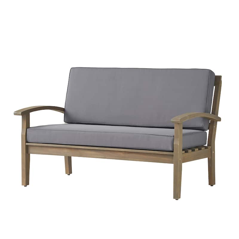 Peyton Outdoor Cushioned Acacia Wood Loveseat and Table Set by Christopher Knight Home