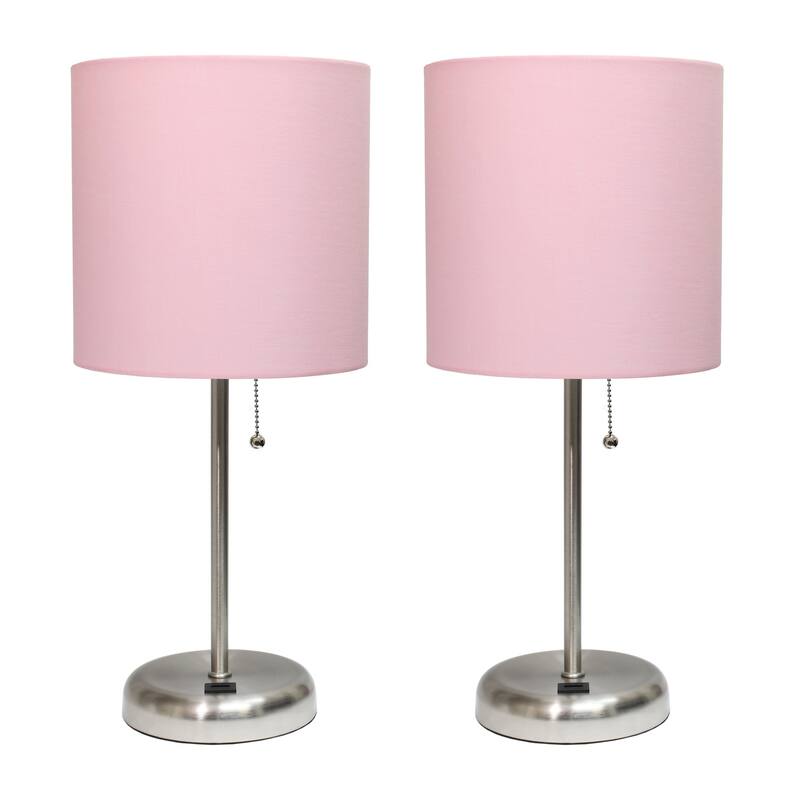 19.5 in. Brushed Steel Finish Table Lamp with Pink Shade, Durable Stick Lamp for End/Side Tables, Set of 2
