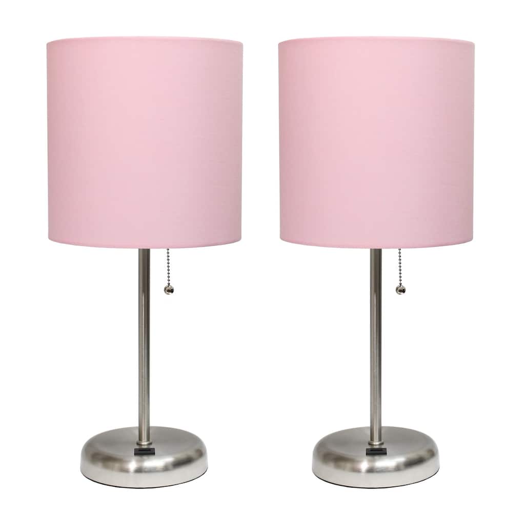 19.5 in. Brushed Steel Finish Table Lamp with Pink Shade, Durable Stick Lamp for End/Side Tables, Set of 2