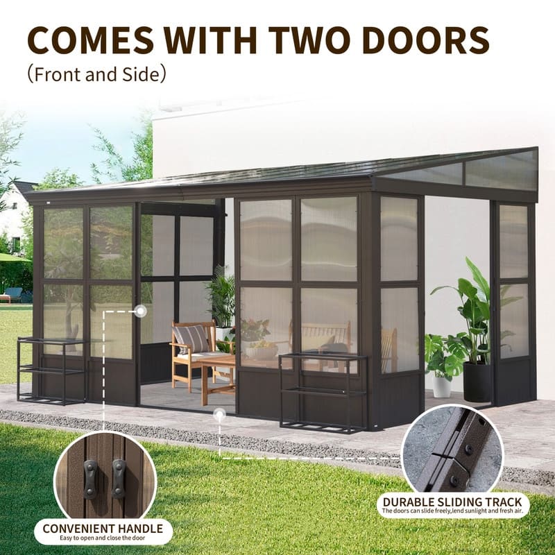 Domi Wall-Mounted Sunroom with Sloped PC Roof and Lockable Sliding Doors