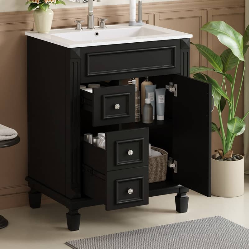24" Bathroom Vanity with Ceramic Sink, 2 Drawers and Adjustable Shelf - Black