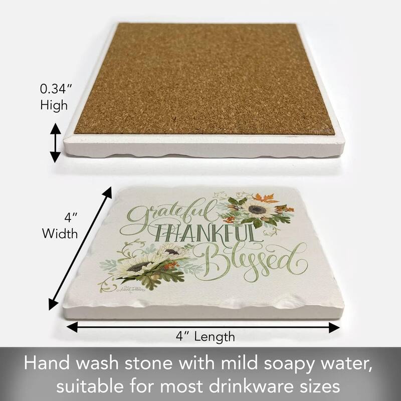 Absorbent Stone Tumbled Tile Coasters, Grateful Thankful Blessed, Set of 4