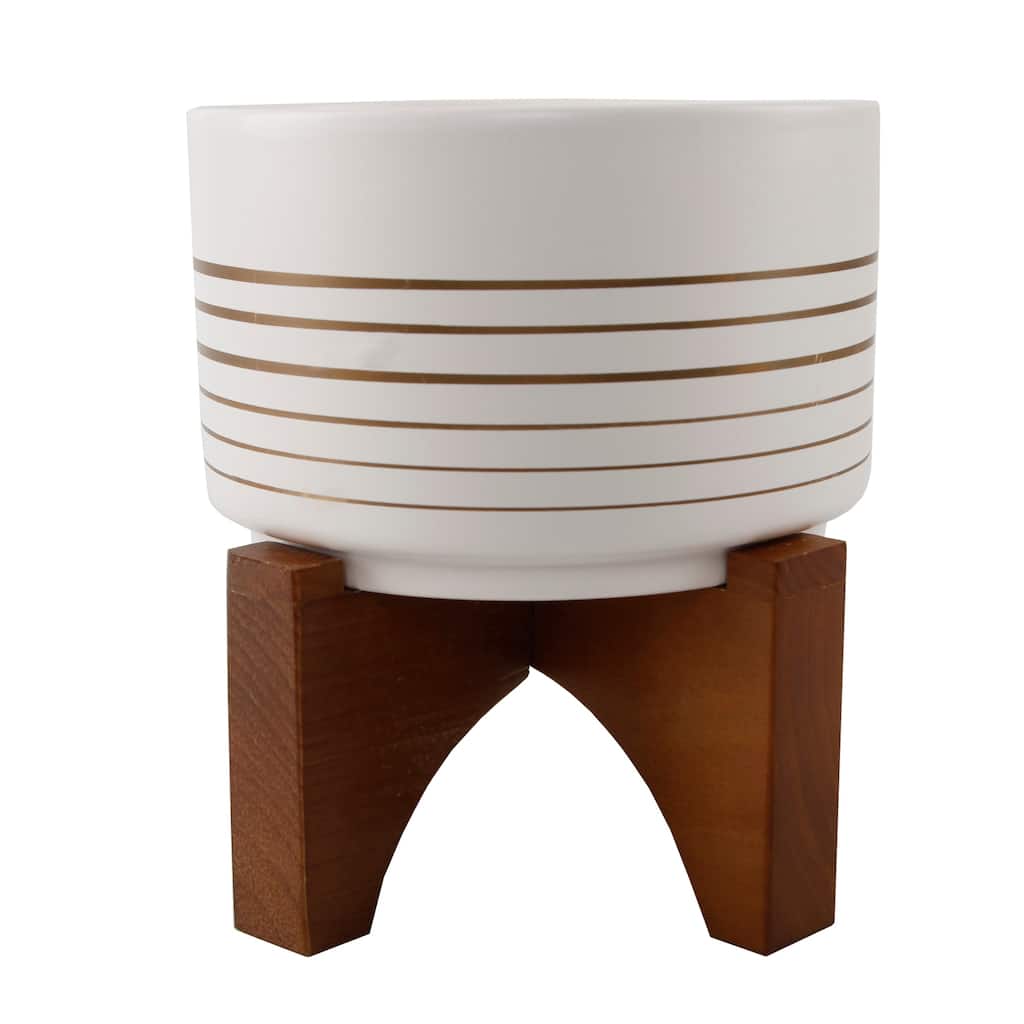 7" Ceramic Lines On Wood Stand,White/Gold Line