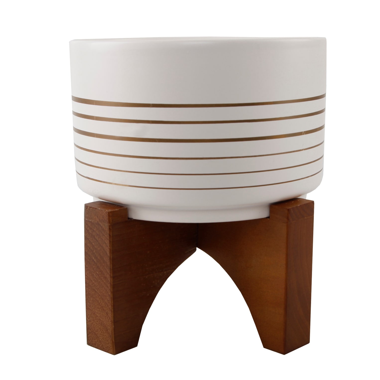 7" Ceramic Lines On Wood Stand,White/Gold Line