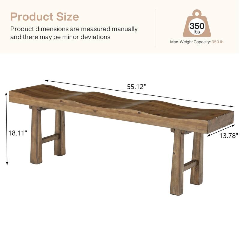55" Rustic Solid Wood Entryway Bench, Wave-Top Design, Easy Assembly