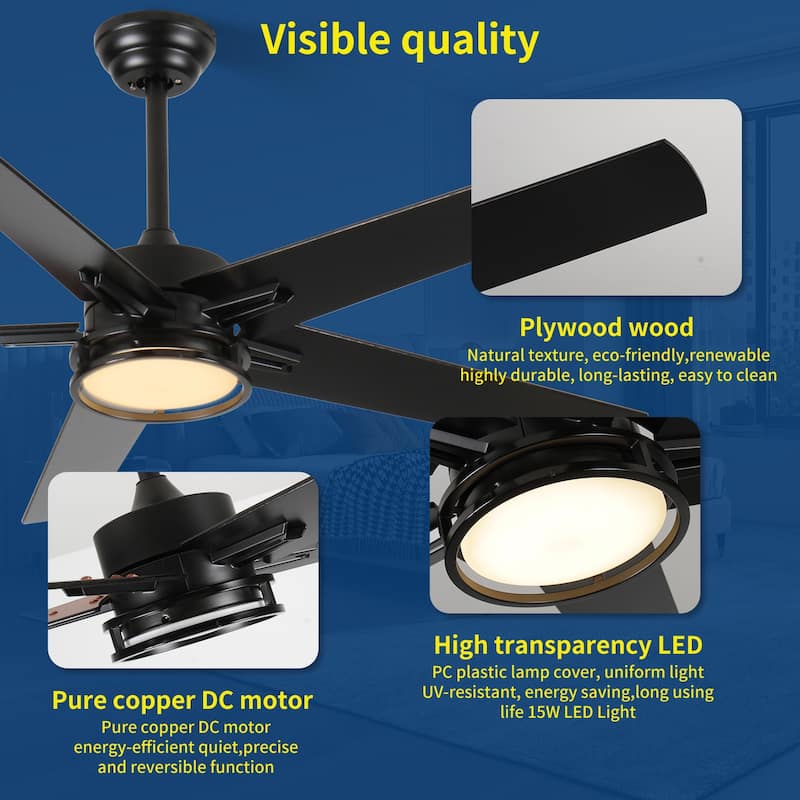 52in Ceiling Fans with Lights, Black Modern Ceiling Fan with Remote, Farmhouse Indoor Ceiling Fan, Bright LED Light