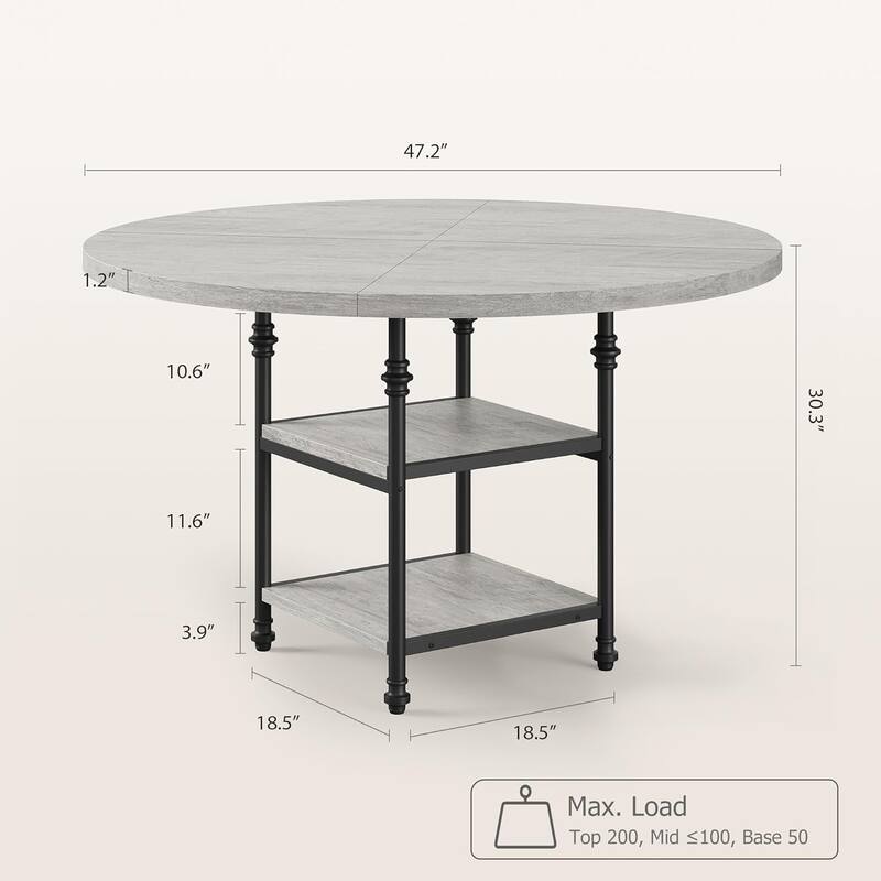 47" Round Dining Table for 4–6, Modern Wood Table with Storage Shelf & Roman Metal Legs, Table Only - Rustic Gray