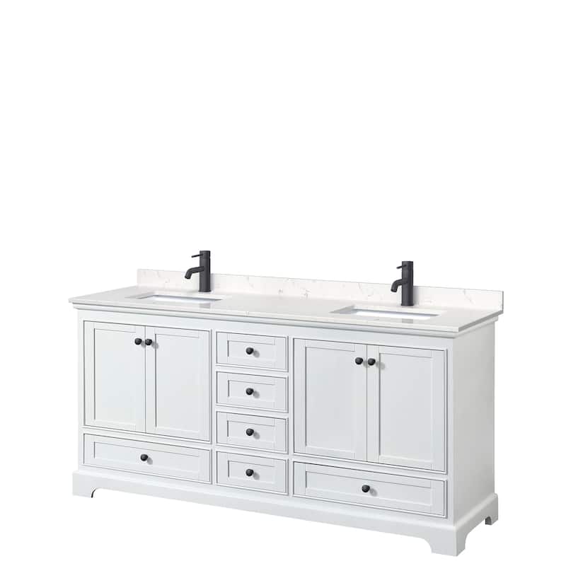Deborah 72-inch Double Vanity, Cultured Marble Top - White, Black Trim, Carrara Cultured Marble Top