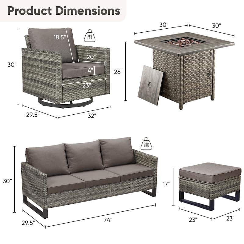 6 Pieces Fire Pit Table with Sofa Swivel Chair Ottoman Set