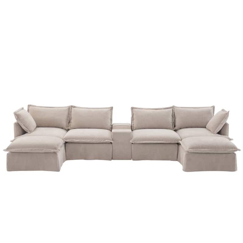 Sectional Sofa With Movable Ottoman And Console,Cup Holder,Wide Seat,U Shaped Couch,Chenille Sofa With Usb Charger